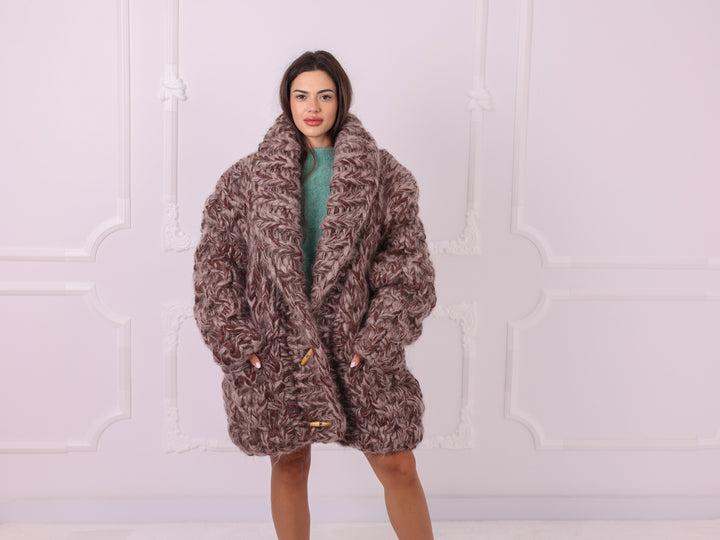 Brown beige melange hand knit mohair wool cardigan T2335 relaxed front view