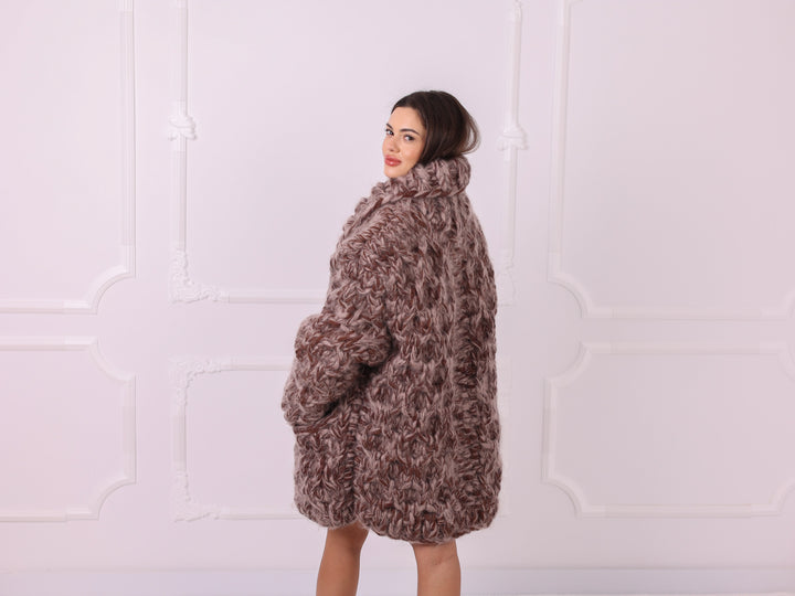 Brown beige melange oversized mohair wool cardigan T2335 side back view