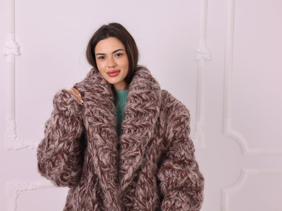Brown beige melange chunky mohair wool cardigan T2335 close front detail