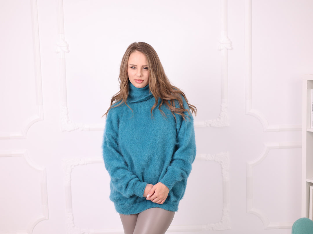 Blue Superkid Mohair oversized turtleneck sweater T2376 front view