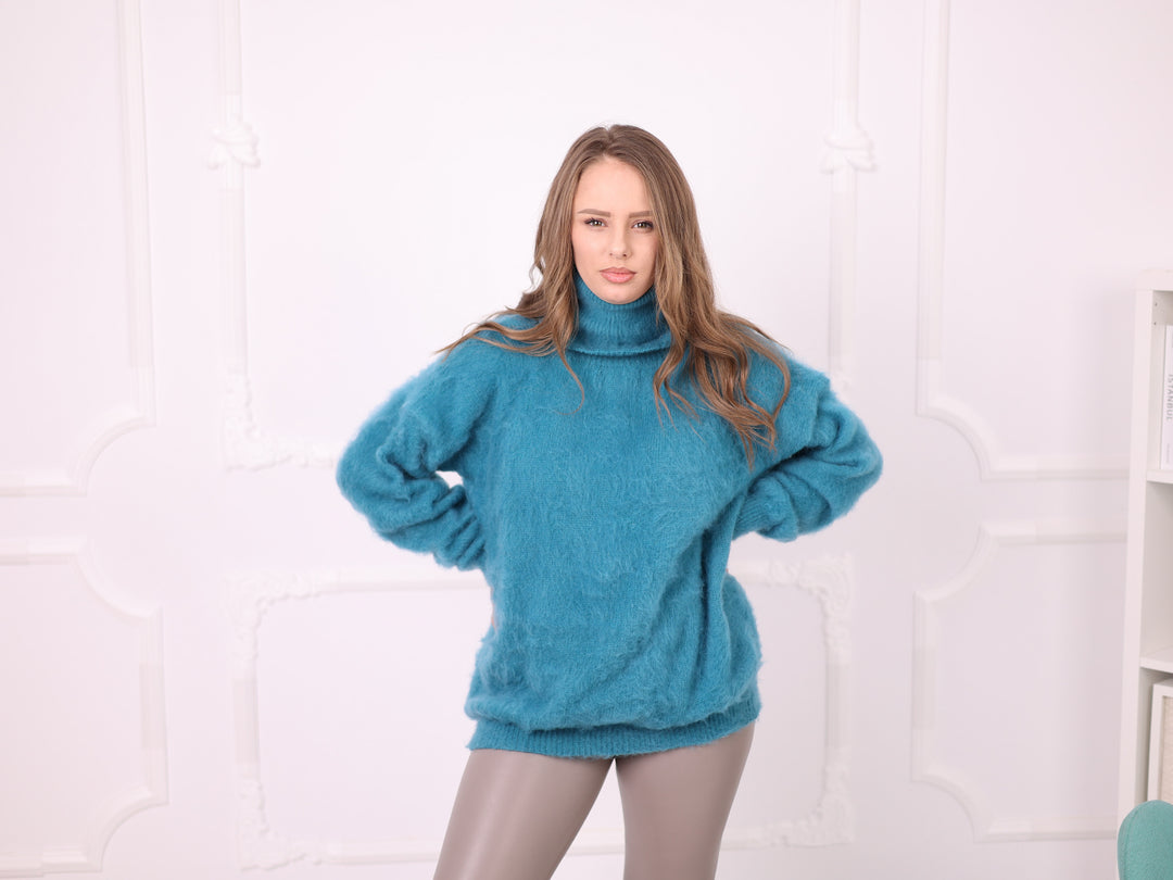 Blue Superkid Mohair turtleneck sweater T2376 full front fit