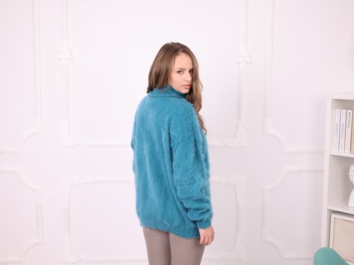 Blue Superkid Mohair oversized turtleneck sweater T2376 side and back view