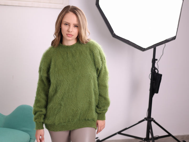 Ready to ship green Superkid Mohair crewneck sweater 5XL T2377R studio front view