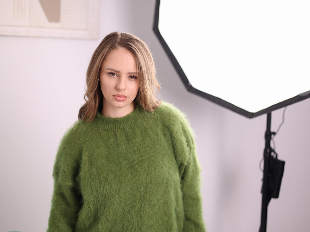 Ready to ship green Superkid Mohair crewneck sweater 5XL T2377R fuzzy knit detail