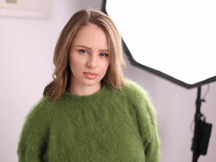 Ready to ship green Superkid Mohair sweater 5XL T2377R neckline and texture detail