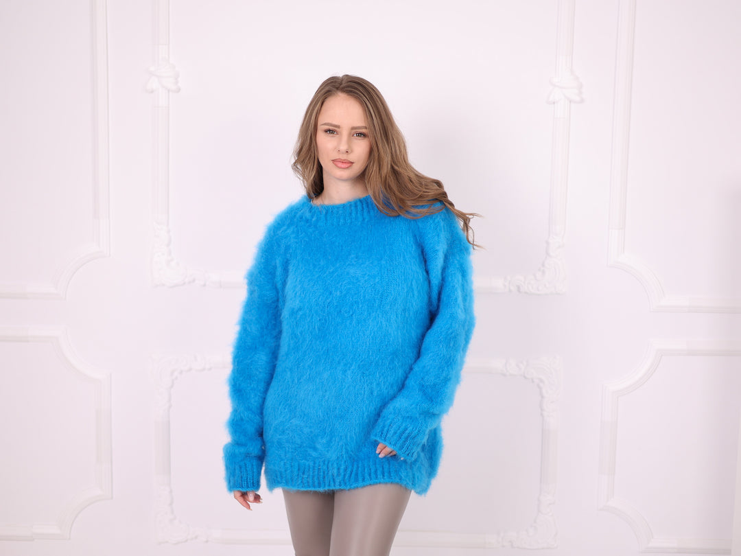 Blue brushed Kid Mohair crewneck sweater T2378 relaxed oversized fit
