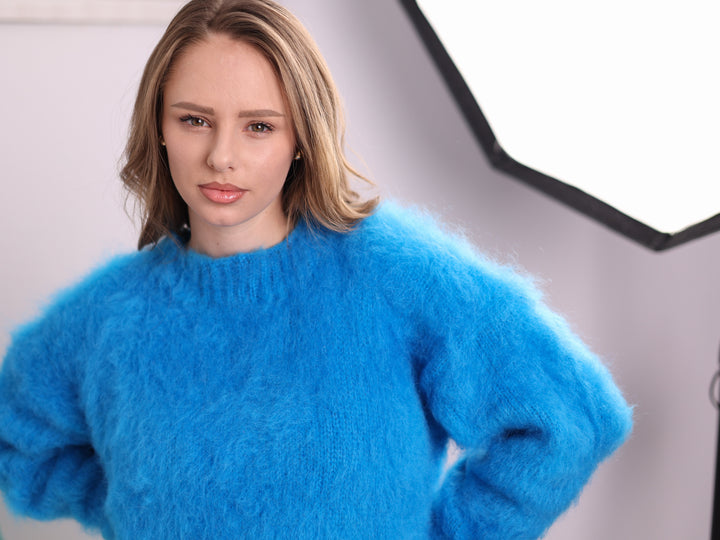 Blue brushed Kid Mohair sweater T2378 studio front detail