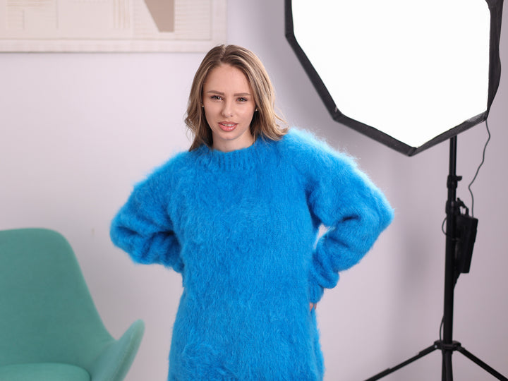 Blue hand knitted brushed mohair sweater T2378 close up front