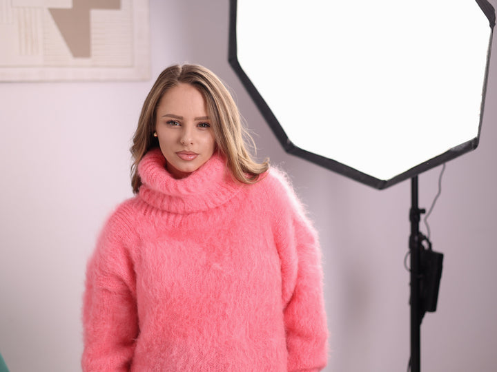 Pink Kid Mohair turtleneck sweater T2379 ready to ship front studio view