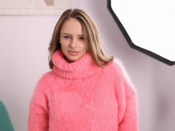 Pink Kid Mohair turtleneck sweater T2379 ready to ship close up studio view