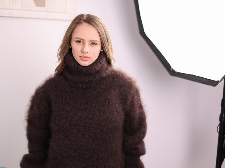 Brown 10-strand brushed Kid Mohair turtleneck sweater T2380 close front view