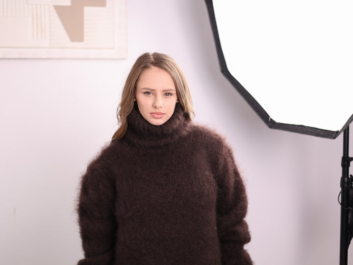 Brown 10-strand Kid Mohair turtleneck sweater T2380 studio front view