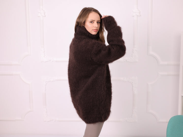 Brown brushed Kid Mohair turtleneck sweater T2380 side view