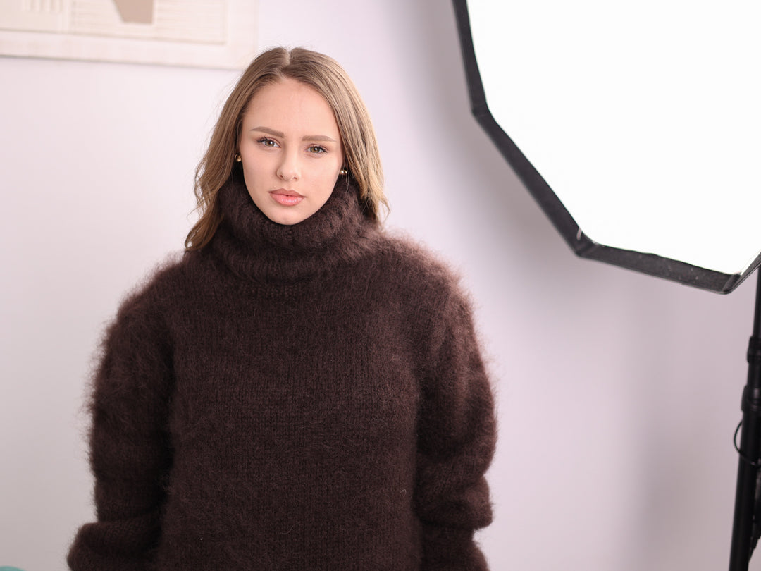 Brown 10-strand brushed Kid Mohair turtleneck sweater T2380 ready to ship close front view