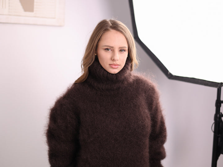 Brown brushed Kid Mohair turtleneck sweater T2380 ready to ship front portrait