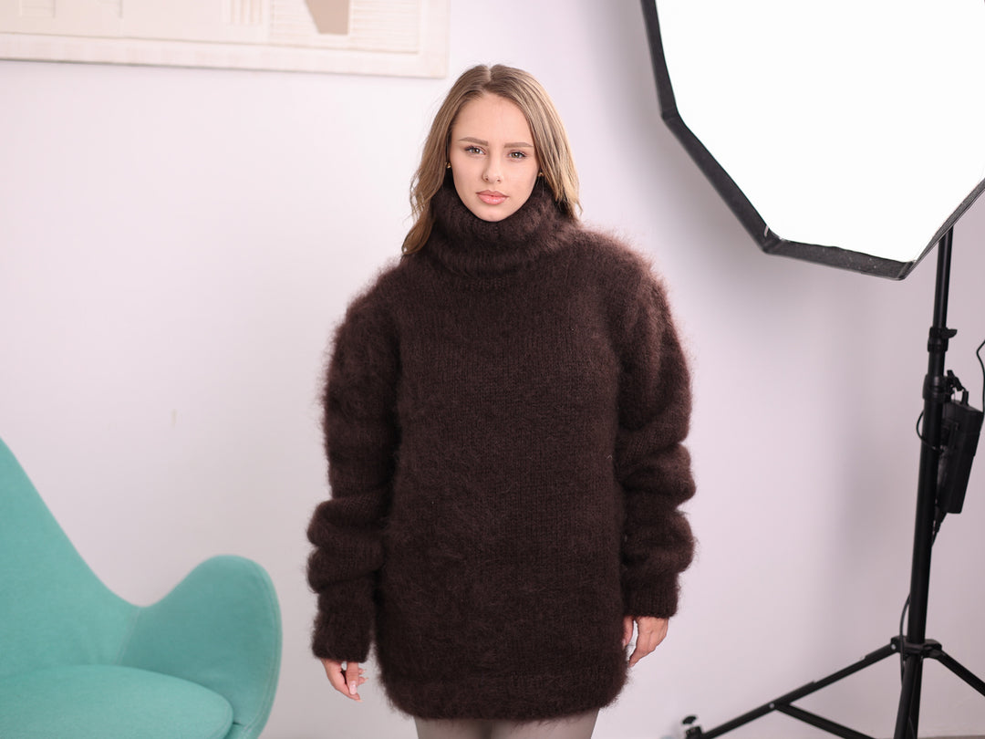 Brown extra-thick Kid Mohair turtleneck sweater T2380 ready to ship full front view