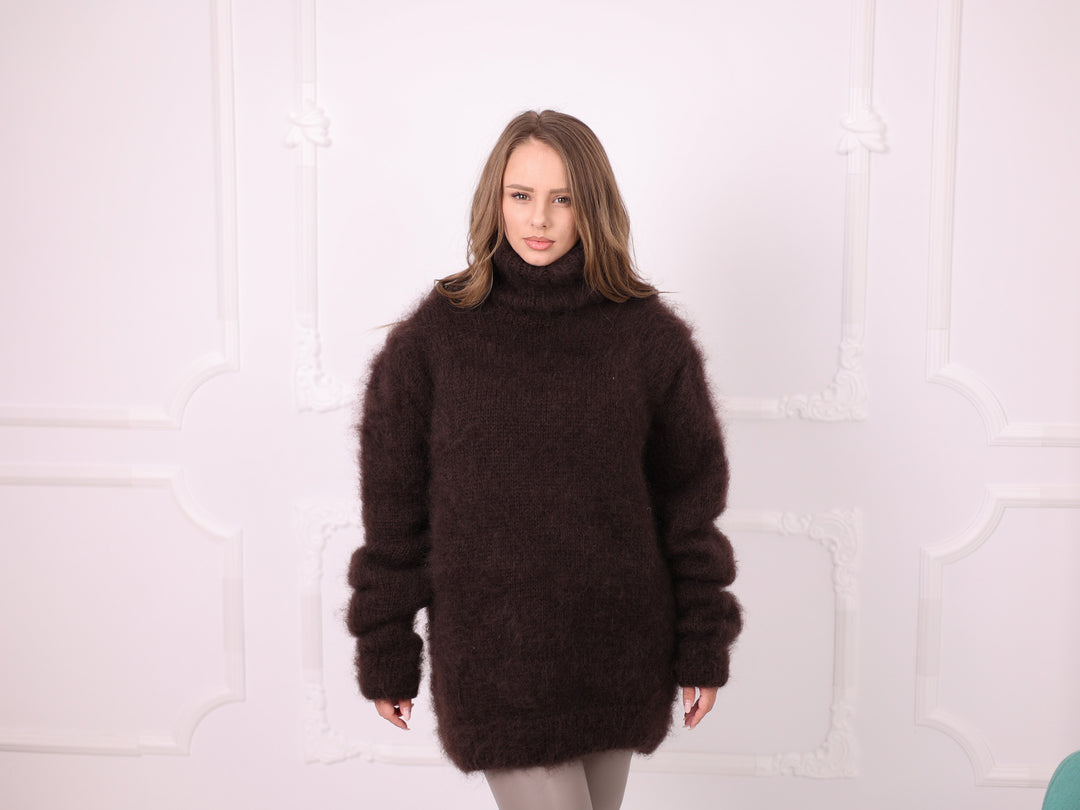 Brown brushed Kid Mohair turtleneck sweater T2380 ready to ship full front studio view