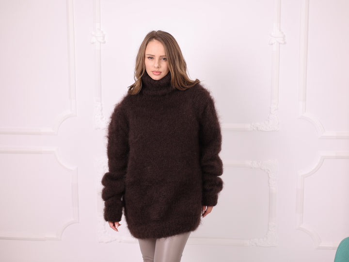 Brown 10-strand brushed Kid Mohair turtleneck sweater T2380 ready to ship three-quarter front view