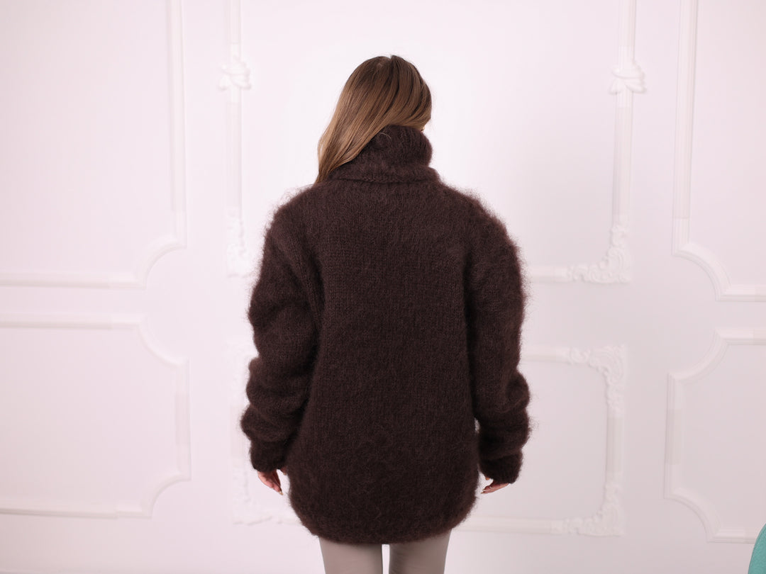 Brown brushed Kid Mohair turtleneck sweater T2380 ready to ship back view