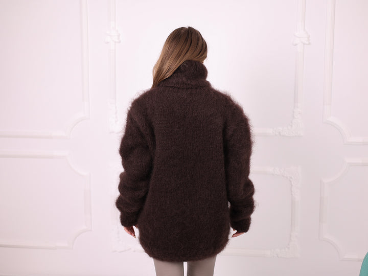 Brown brushed Kid Mohair turtleneck sweater T2380 ready to ship back view