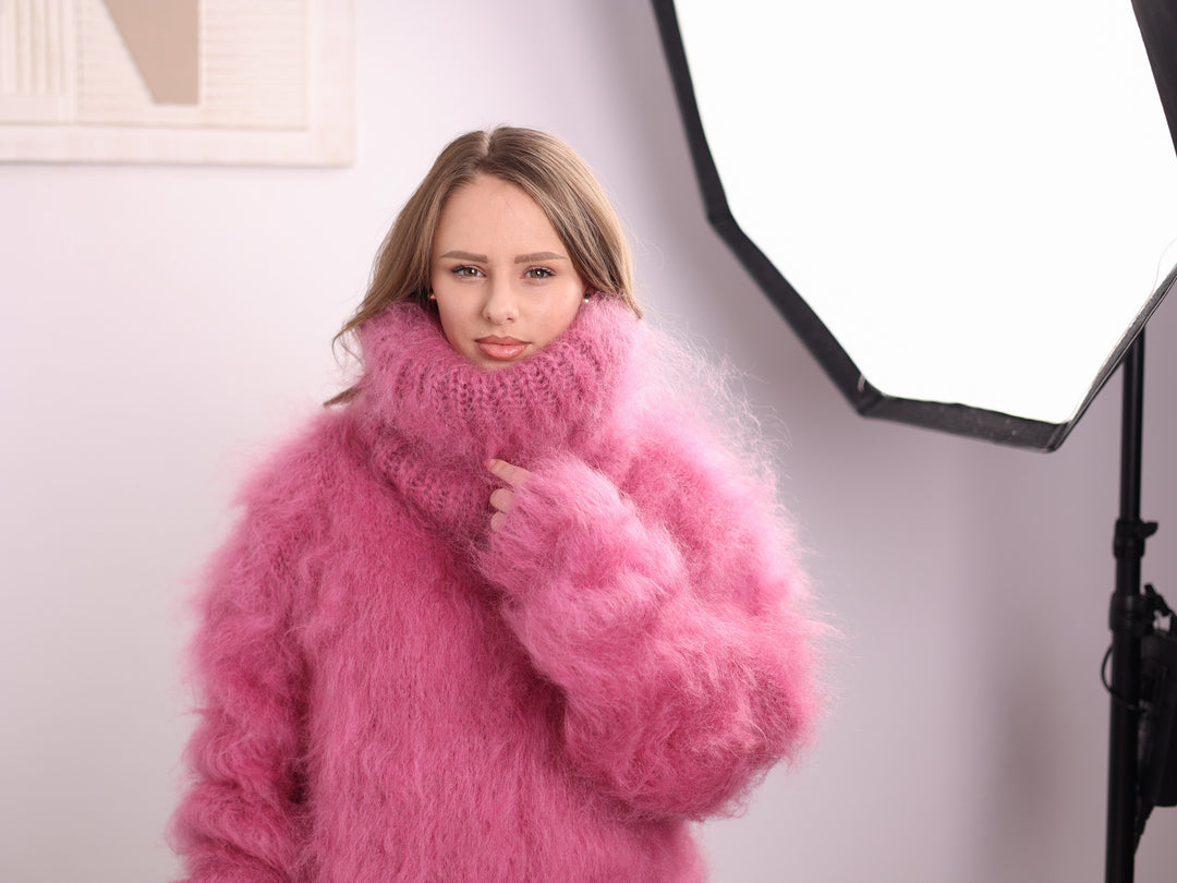Dusty rose 3-strand longhaired mohair extra long turtleneck sweater T2381 front close view