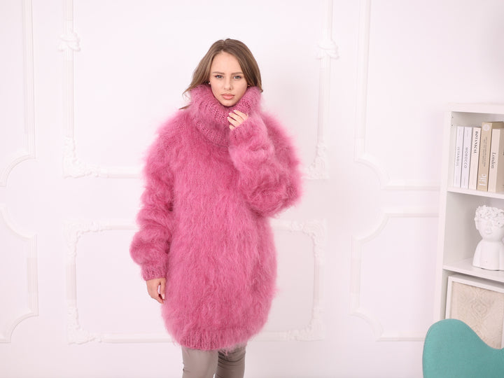 Dusty rose longhaired mohair extra long turtleneck sweater T2381 full front view