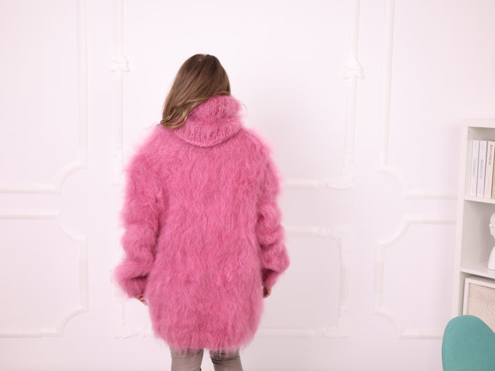 Dusty rose 3-strand longhaired mohair sweater T2381 back view with extra long turtleneck