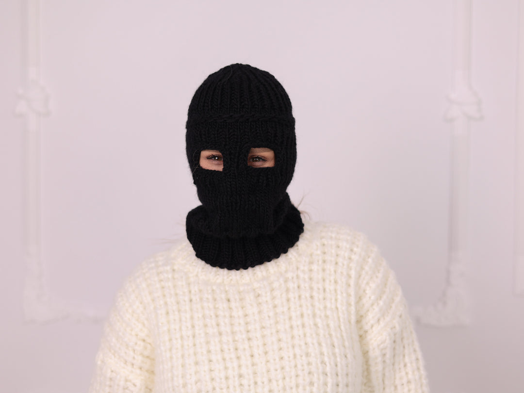 Black 100% wool open-eye balaclava T2384 three-quarter front view