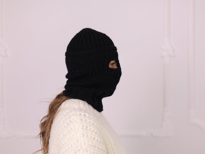 Black 100% wool hand-knit balaclava T2384 side profile