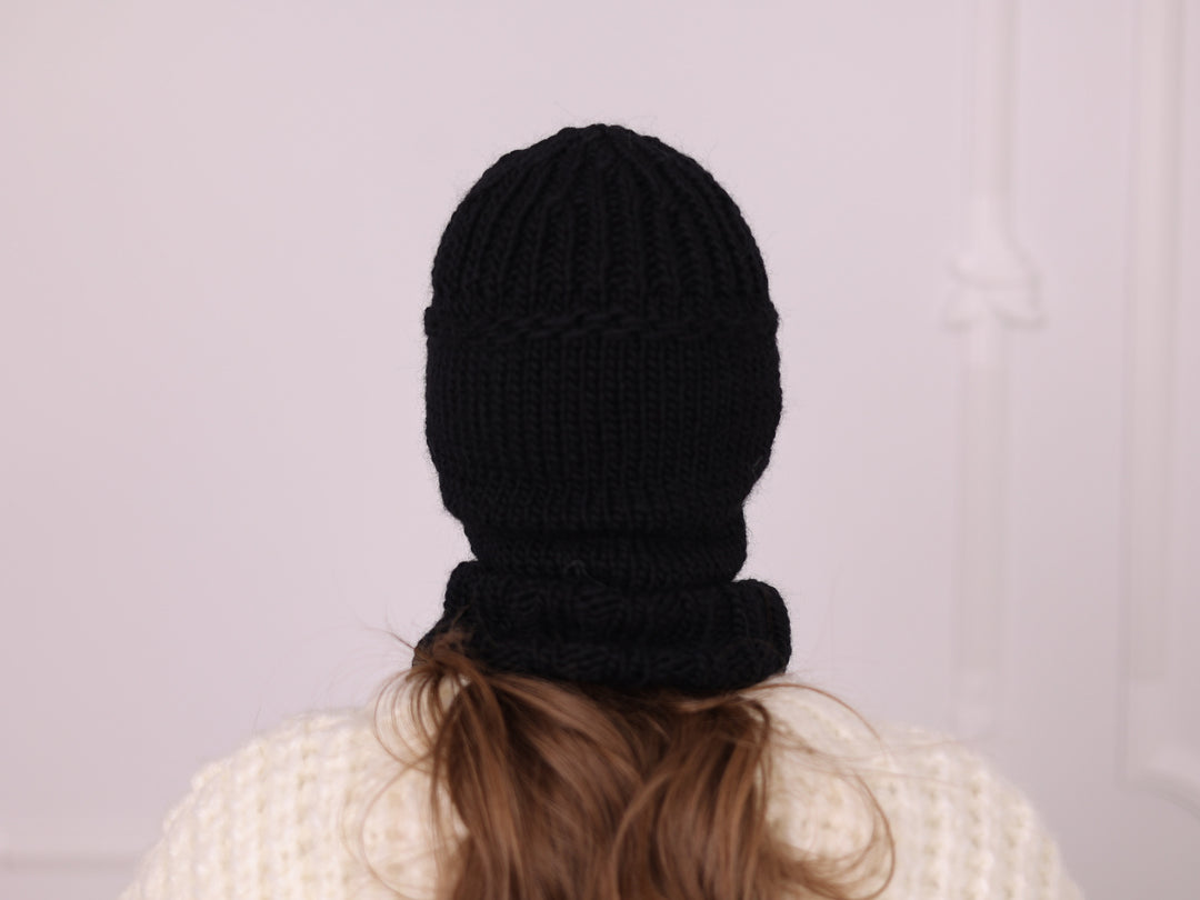 Black 100% wool hand-knit open-eye balaclava T2384 back view