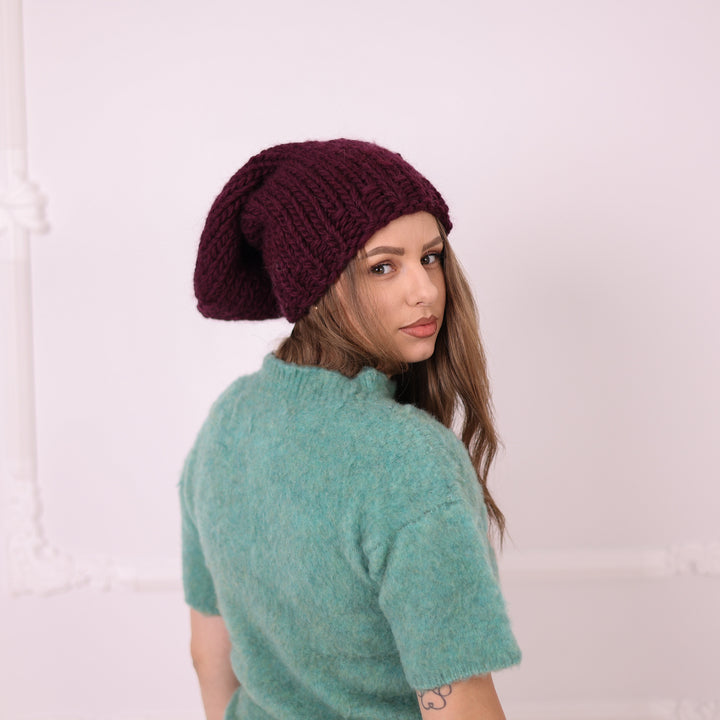 Burgundy 100% wool slouchy balaclava T2386 three quarter view