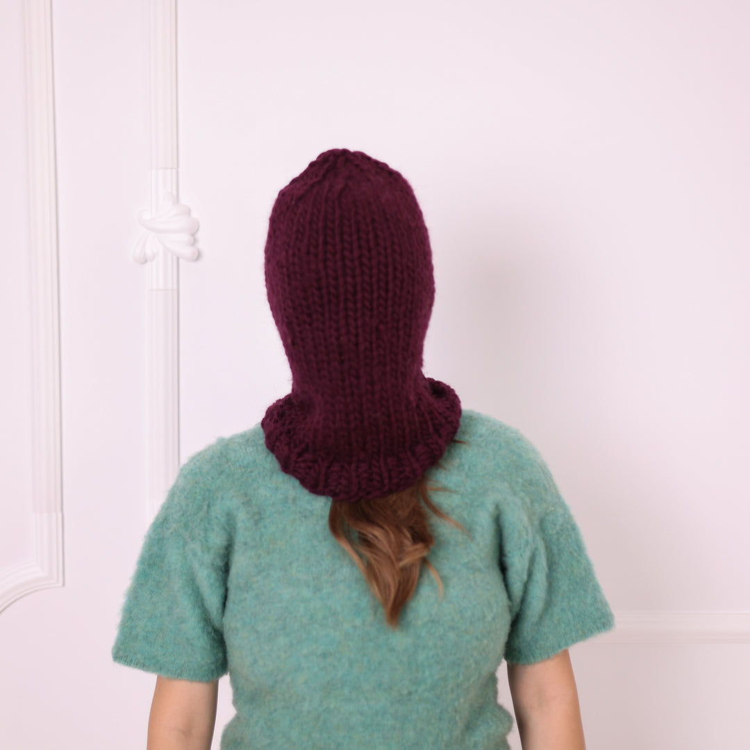 Burgundy 100% wool slouchy balaclava T2386 full back view