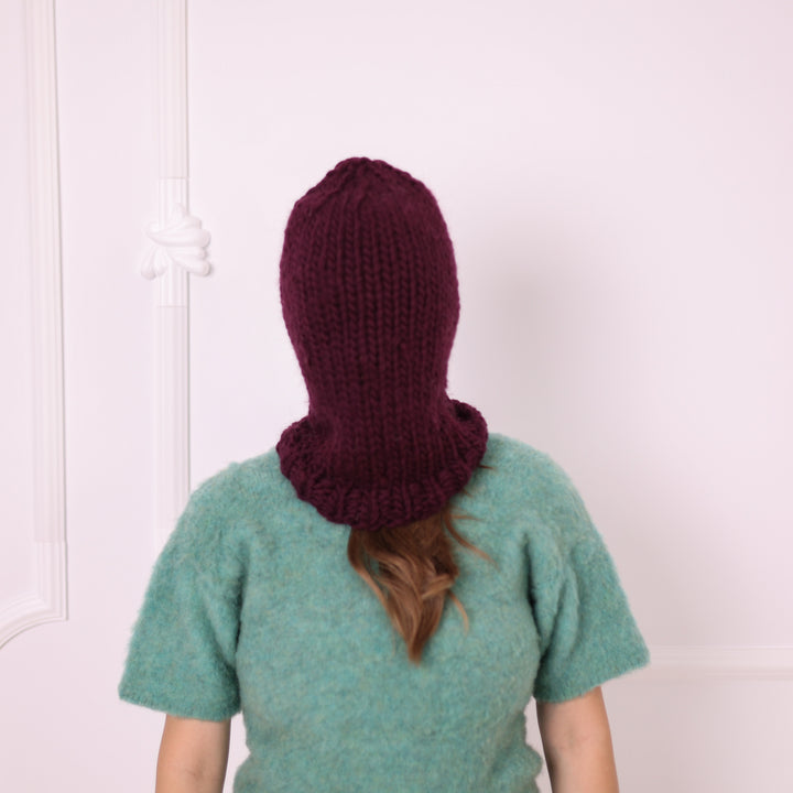 Burgundy 100% wool slouchy balaclava T2386 full back view