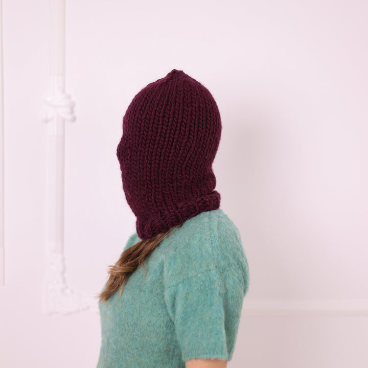 Burgundy 100% wool slouchy balaclava T2386 rear profile view