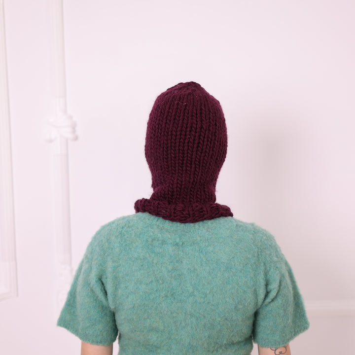 Burgundy 100% wool slouchy balaclava T2386 side back view