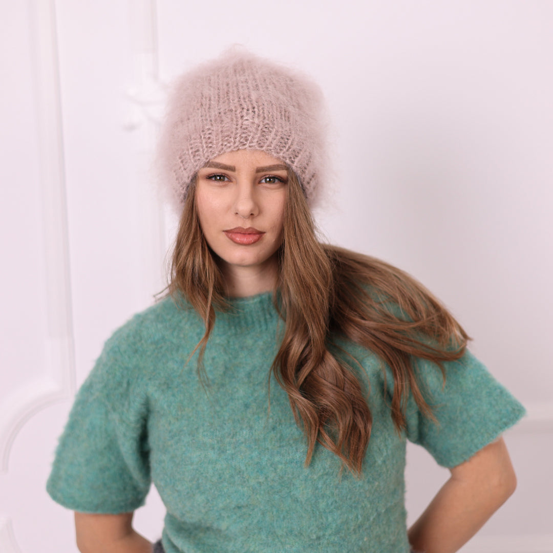Beige mohair slouchy knit hat T2387 front view