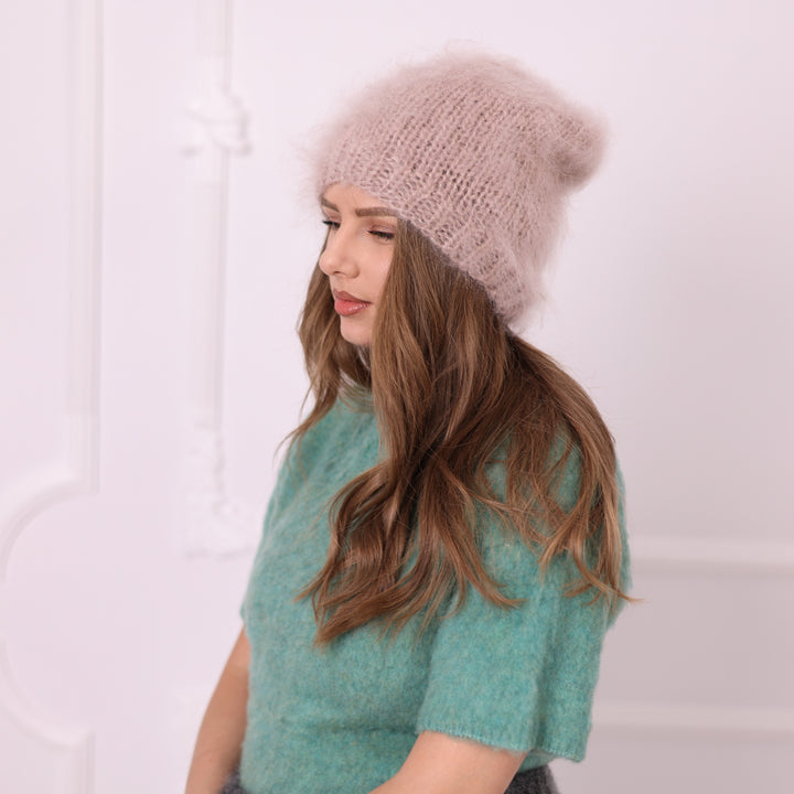 Beige fuzzy mohair slouchy beanie T2387 side view