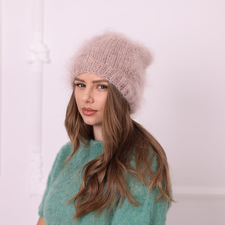 Hand knit beige mohair beanie T2387 three-quarter view