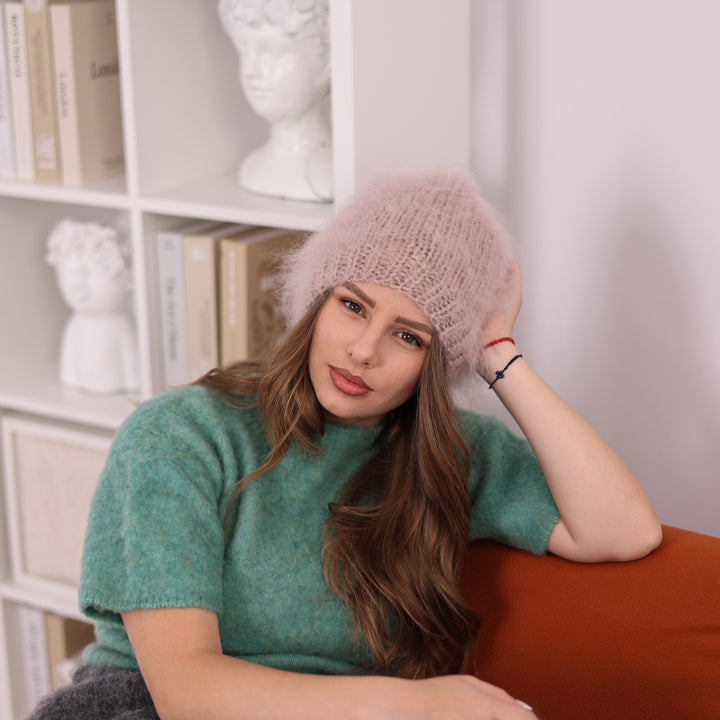 Beige fuzzy mohair beanie T2387 lifestyle view