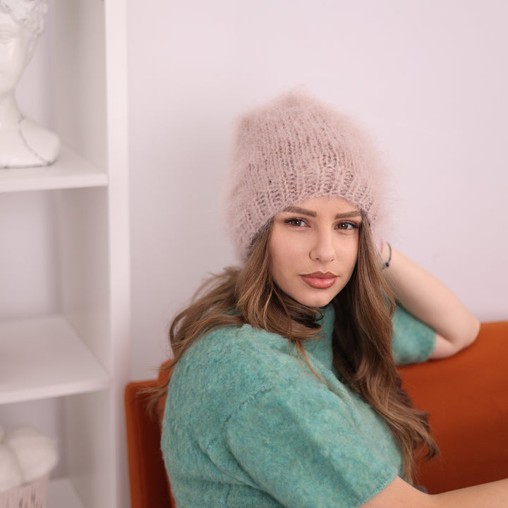 Handmade beige mohair knit hat T2387 seated portrait