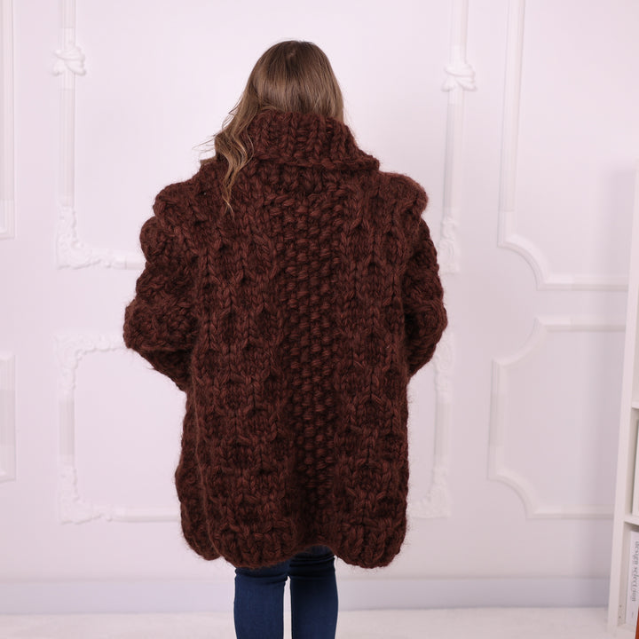 Brown hand knit wool mohair cardigan T2389 full front view