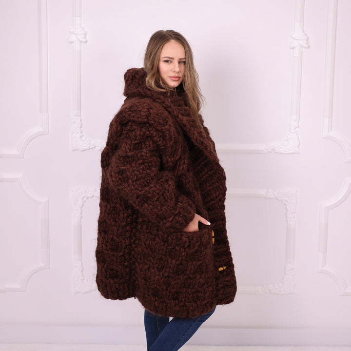 Brown chunky wool mohair cardigan T2389 back view