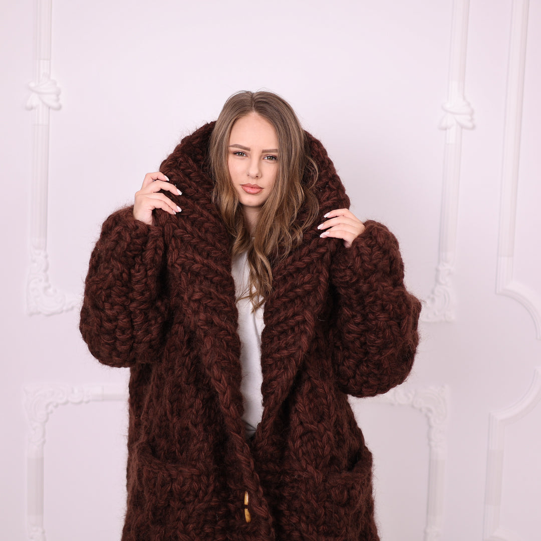 Brown wool mohair cardigan T2389 styled with high shawl collar
