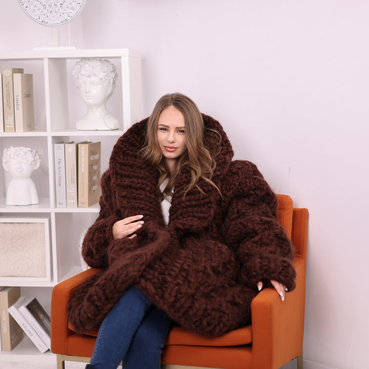 Brown chunky wool mohair cardigan T2389 seated front view