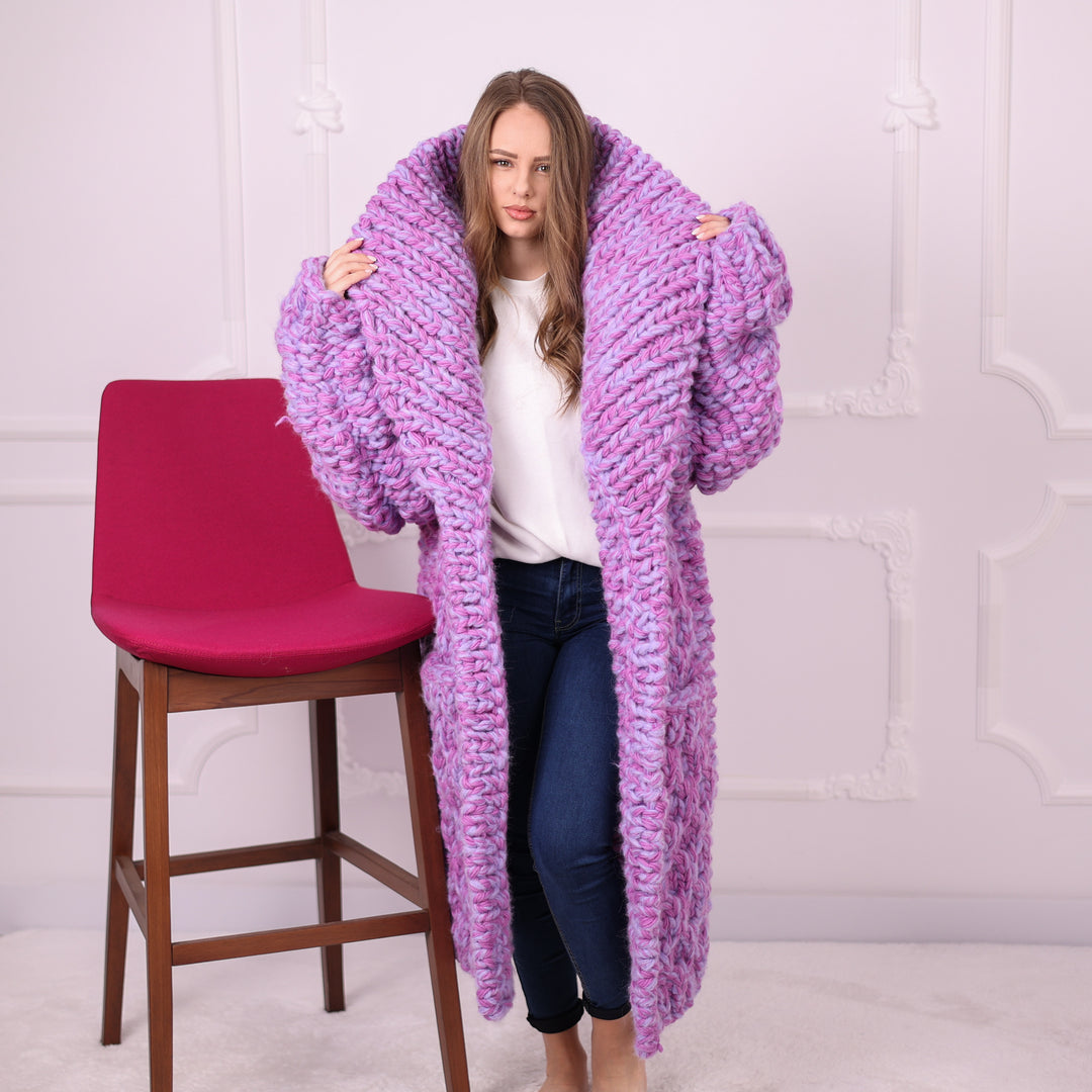 Pink lilac wool alpaca maxi cardigan T2390 oversized shawl collar view