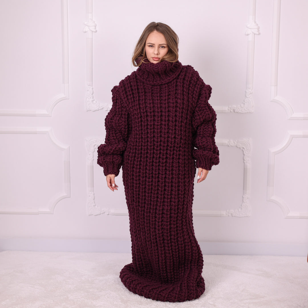 Aubergine 5-strand soft wool English rib maxi turtleneck dress T2391 front view