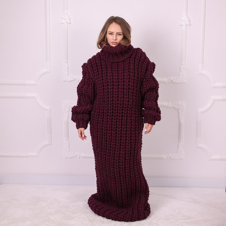 Aubergine 5-strand soft wool English rib maxi turtleneck dress T2391 front view
