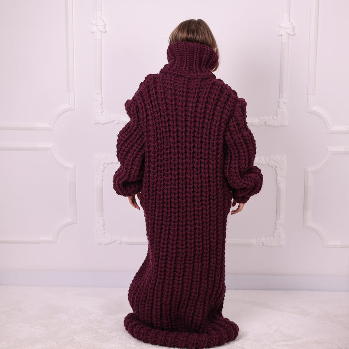 Aubergine wool English rib maxi dress T2391 back view