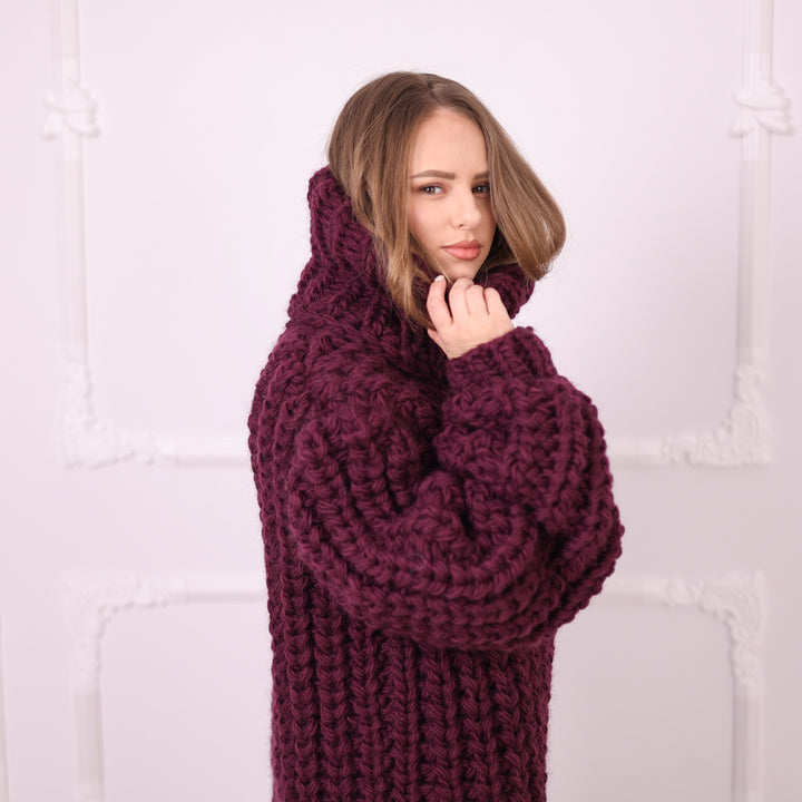 Aubergine chunky knit wool dress T2391 sleeve and turtleneck detail