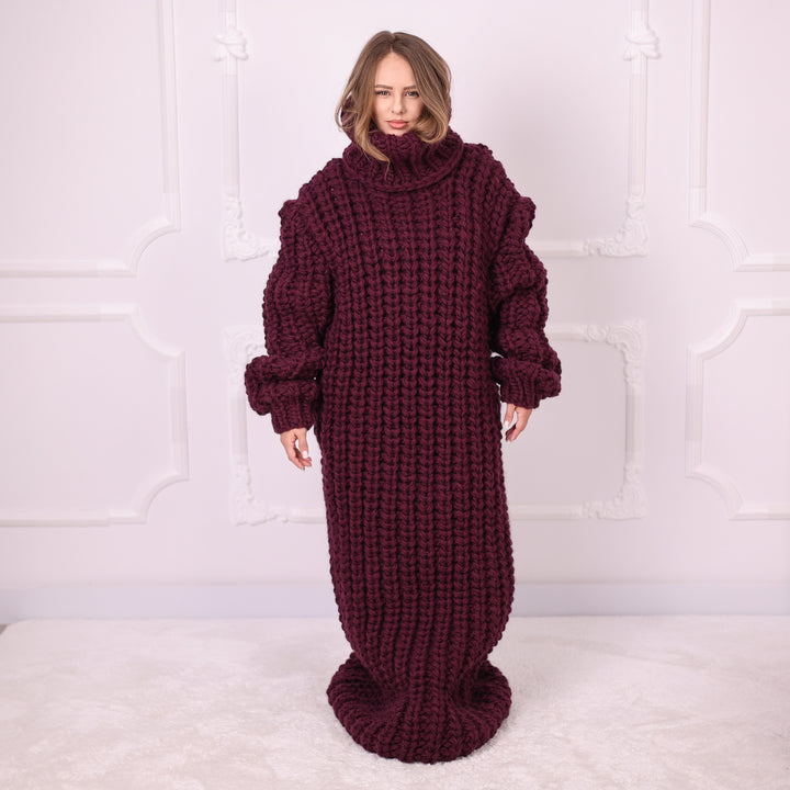 Aubergine oversized English rib wool maxi dress T2391 full front view